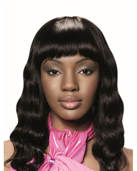 14'' Wavy With Bangs Capless Black Human Hair African American Women Wigs