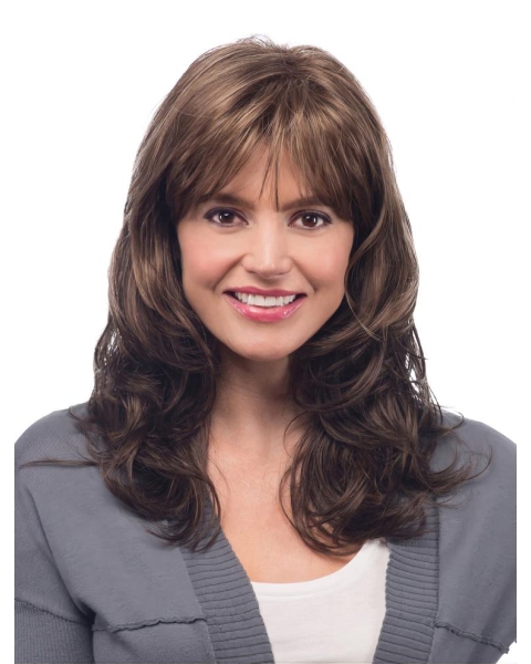 16'' Capless Wavy With Bangs Brown Long Synthetic Women Wigs