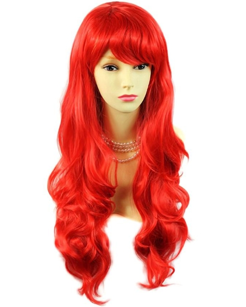 24'' Long Wavy With Bangs Capless Human Hair Red Women Wigs