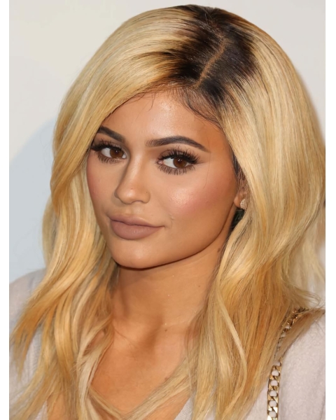 Affordable Long Wavy Without Bangs Lace Front Blonde Layered Synthetic Kylie Jenner Inspired Wigs