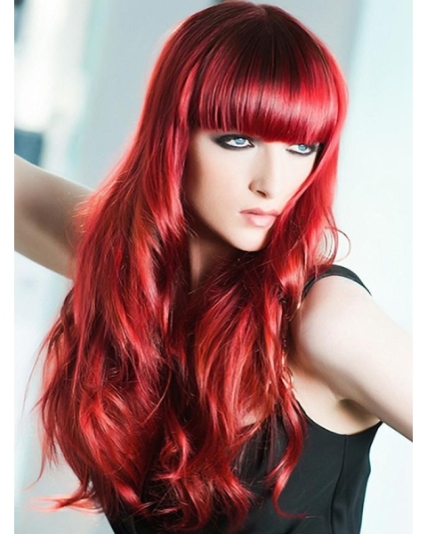 22'' Light Red Wavy With Bangs Capless Human Hair Women Wigs