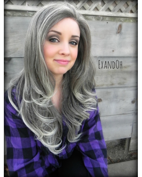 18'' Popular Long Wavy Wihtout Bangs Hand-tied Fabulous Synthetic Grey Wigs