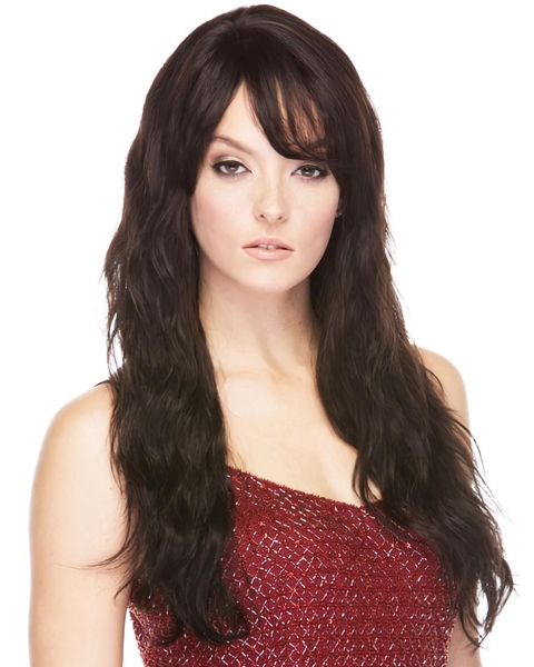 18'' Graceful Brown Wavy With Bangs Capless Long Human Hair Women Wigs