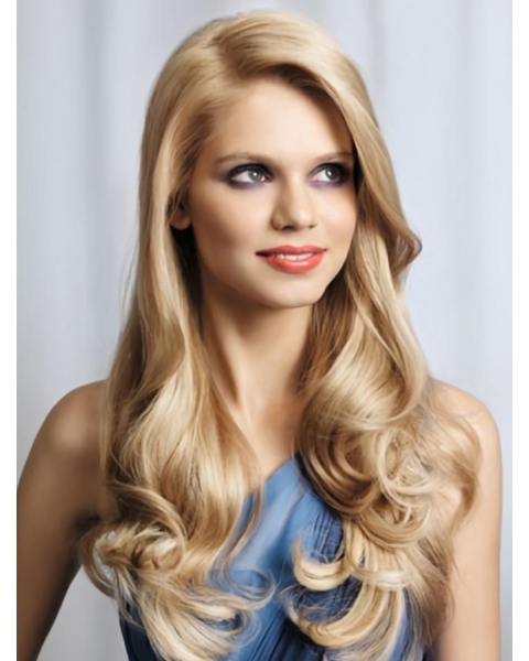 Blonde Wavy Without Bangs Monofilament Lace Front Synthetic Cosy Long Wigs