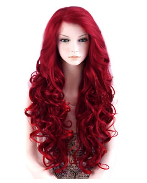 24 Inches Long Wavy Without Bangs Lace Front Red Synthetic Women Wigs