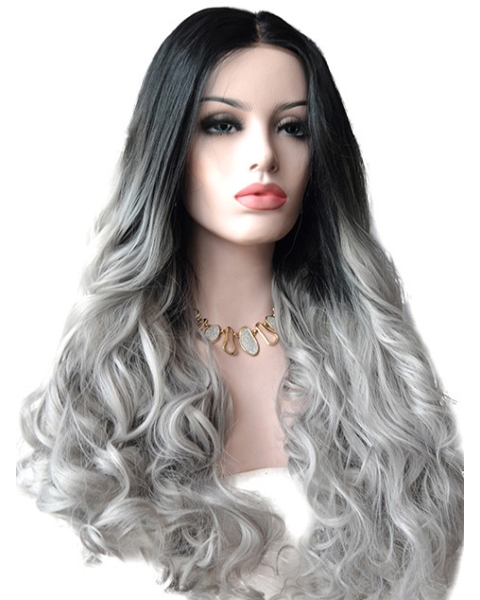 22" Wavy Without Bangs Long Lace Front Human Hair Ombre Wigs