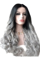 22" Wavy Without Bangs Long Lace Front Human Hair Ombre Wigs