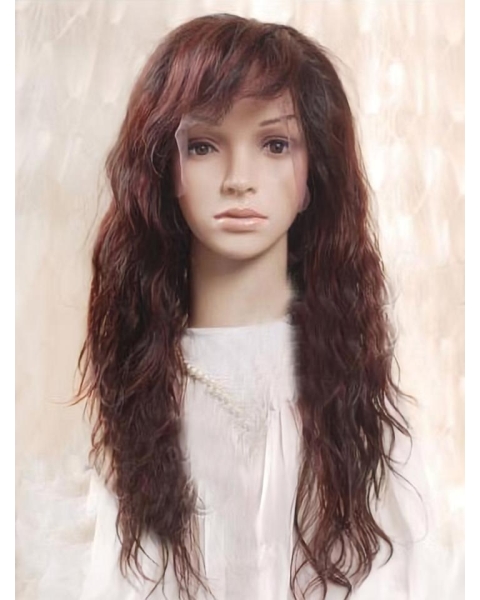 22'' Soft Auburn Wavy With Bangs 100% Hand-Tied Remy Human Hair Long Women Wigs