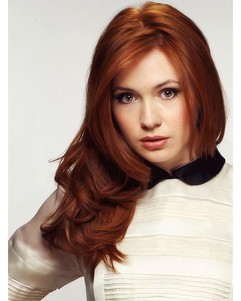 20'' High Quality Long Wavy Without Bangs Hand Tied Copper Human Hair Wigs 