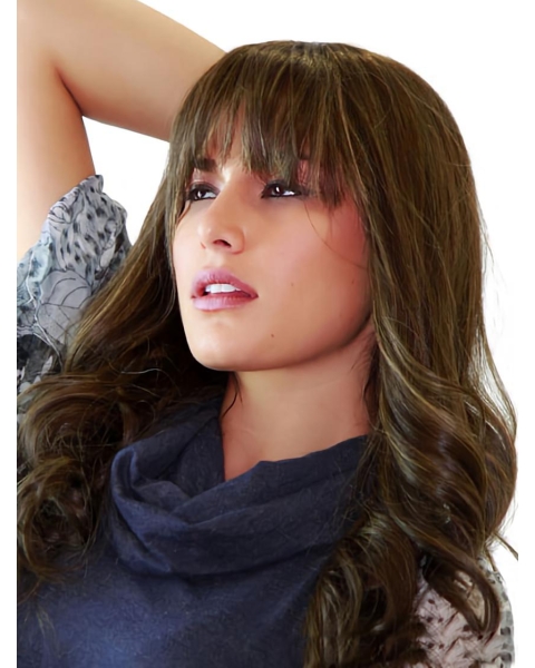 22'' Monofilament Wavy With Full Bangs Monofialment Lace Front Remy Human Hair Long Women Wigs