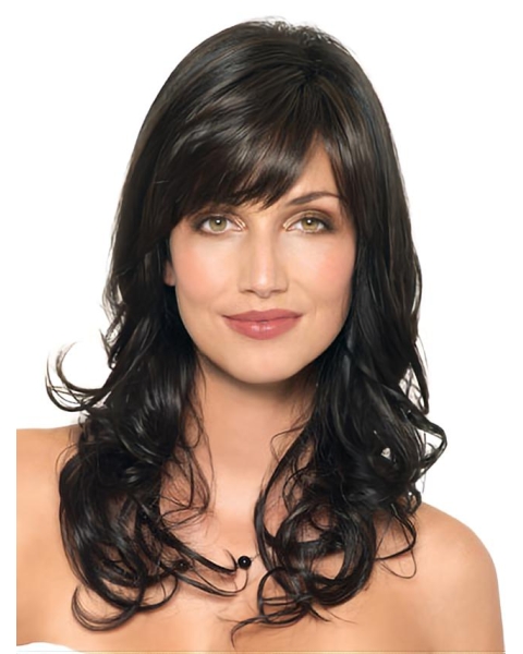 20'' Graceful Black Wavy With Bangs Capless Long Human Hair Women Wigs