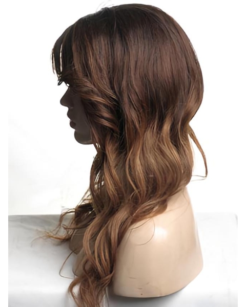 20'' Wavy With Bangs  Monofilament Top Long Ombre Hair Color Human Hair Wigs