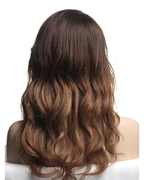 20'' Wavy With Bangs  Monofilament Top Long Ombre Hair Color Human Hair Wigs