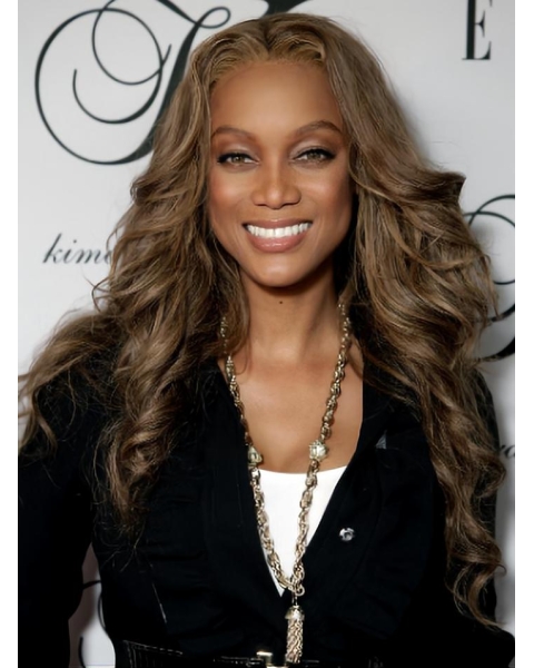 Tyra Banks Particularly Beautiful Long Beach-wave with Curls Glueless Lace Front Human Hair Wig 24 Inches