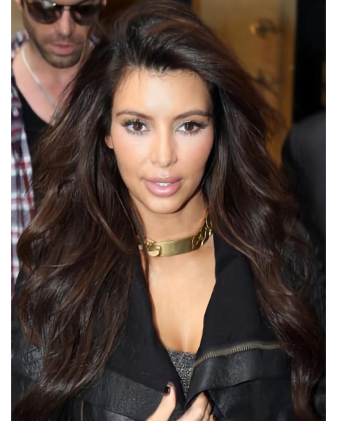 Amazing Elegant Kim Kardashian Hairstyle Long Loose Wavy Brown Lace Wig 100% Human Hair 24 Inches