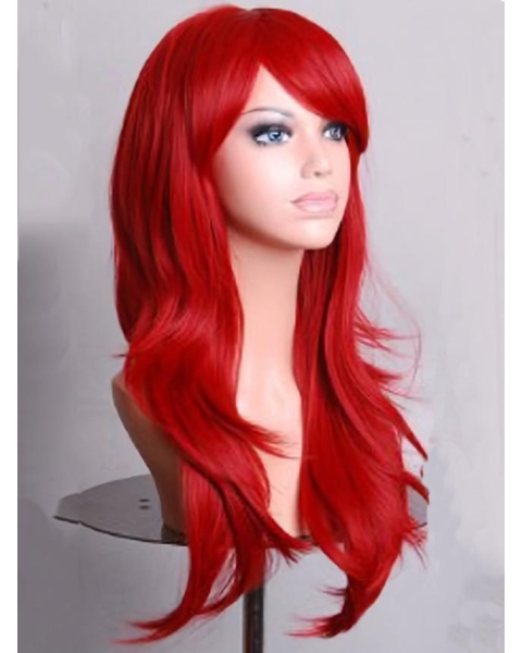 Dark Red Long Wavy With Bangs Lace Front Synthetic Wigs