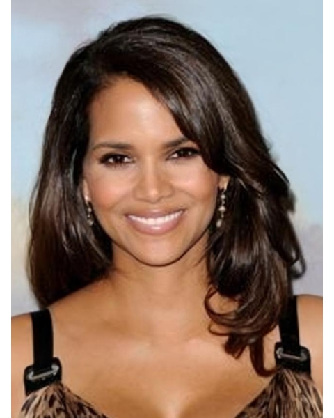 Halle Berry Feminine and Intellectual Long Layered Wavy Lace Front Human Hair Wig 16 Inches