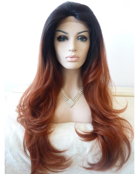 Realistic 26 Inch long Wavy Lace Front 100% Remy Hair Ombre Wigs