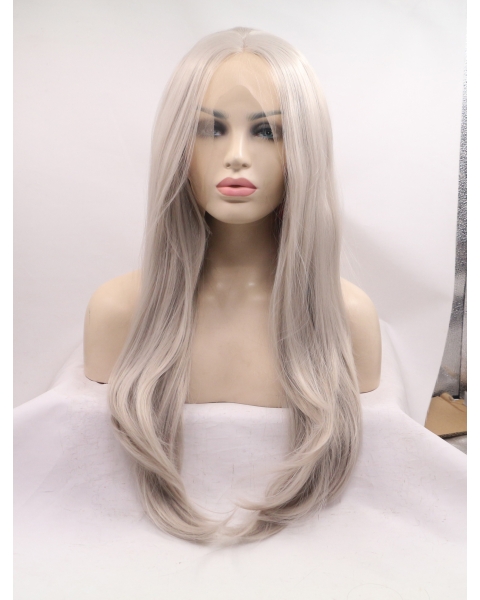 Long Wavy Without Bangs Grey Lace Front 25" Synthetic Wigs