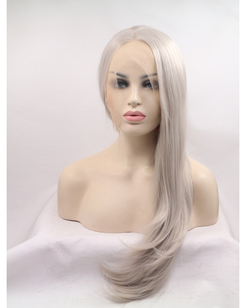 Long Wavy Without Bangs Grey Lace Front 25" Synthetic Wigs