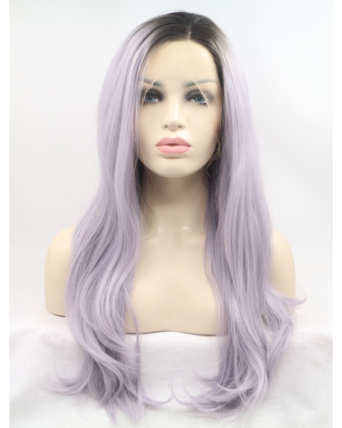 Long Purple Without Bangs 24" Lace Front Wavy Synthetic Wigs