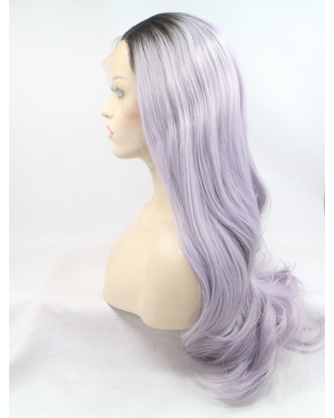 Long Purple Without Bangs 24" Lace Front Wavy Synthetic Wigs