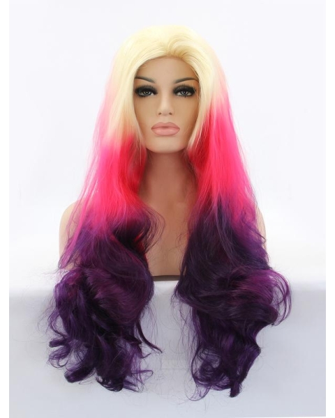 Long Ombre/2 Tone Without Bangs 30" Lace Front Wavy Synthetic Wigs