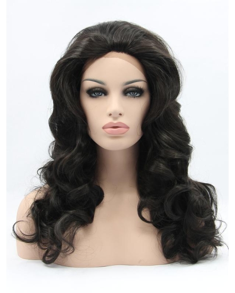 Shoulder Length Black Without Bangs 17" Lace Front Wavy Synthetic Wigs