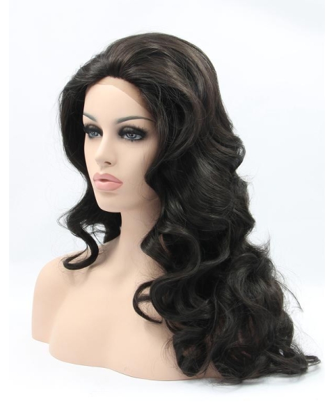 Shoulder Length Black Without Bangs 17" Lace Front Wavy Synthetic Wigs