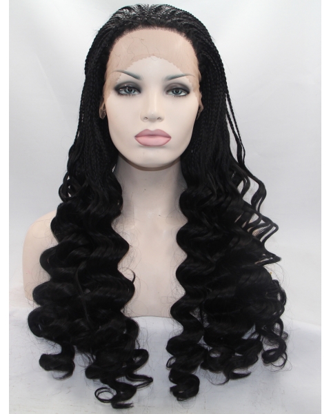 Long Black Without Bangs 24" Lace Front Wavy Synthetic Wigs