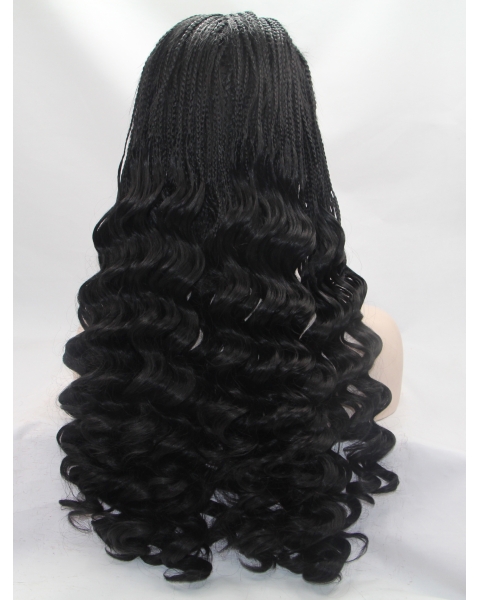 Long Black Without Bangs 24" Lace Front Wavy Synthetic Wigs