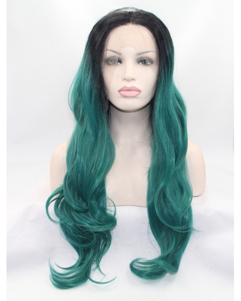 28" Wavy Green Layered Synthetic Lace Front Long Wigs