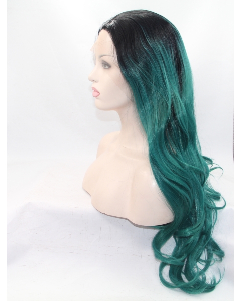 28" Wavy Green Layered Synthetic Lace Front Long Wigs