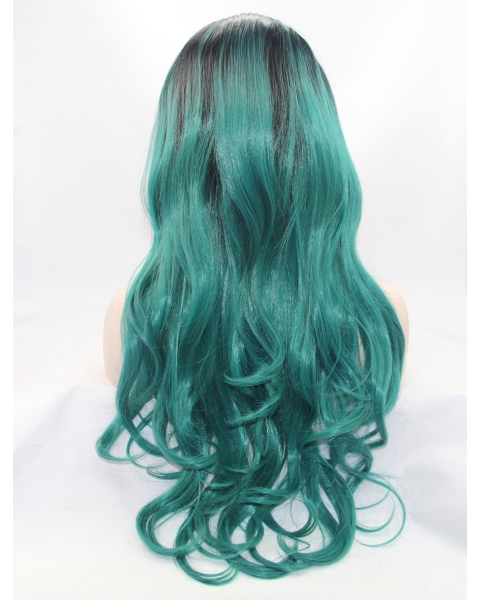 28" Wavy Green Layered Synthetic Lace Front Long Wigs