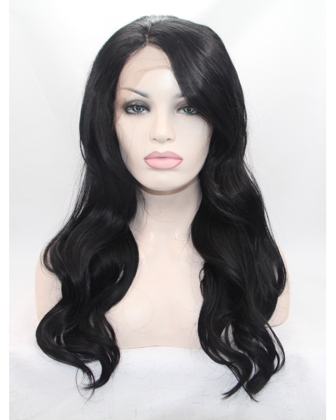 18" Wavy Black With Bangs Synthetic Lace Front Long Wigs