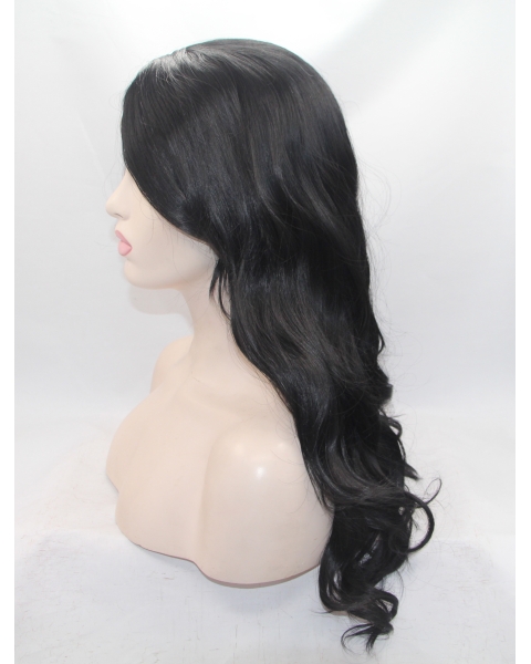 18" Wavy Black With Bangs Synthetic Lace Front Long Wigs