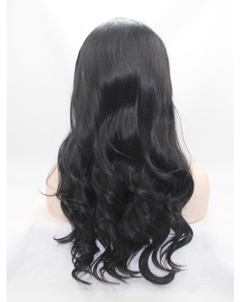 18" Wavy Black With Bangs Synthetic Lace Front Long Wigs