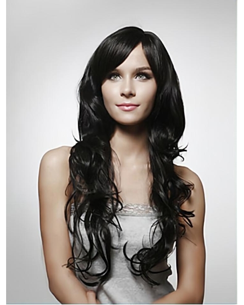 Beautiful Black Curly Remy Human Hair Long Wigs