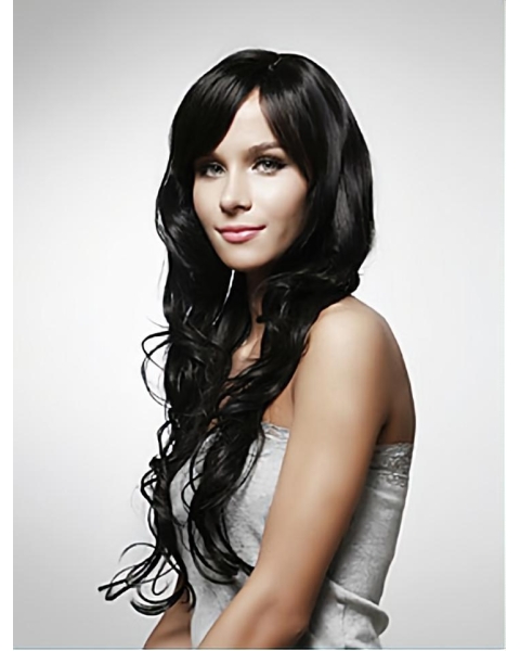 Beautiful Black Curly Remy Human Hair Long Wigs