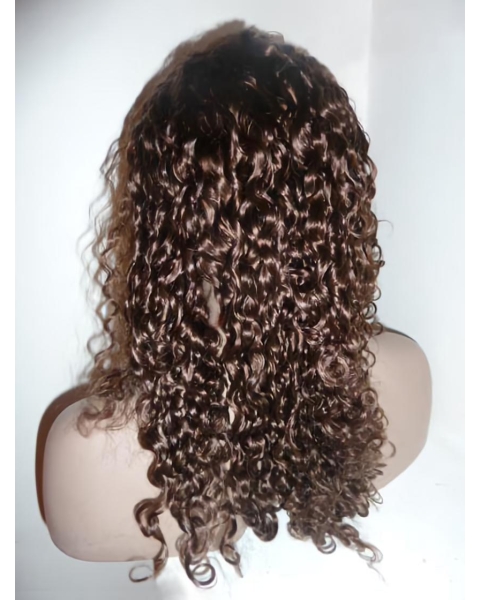 Tempting Brown Curly Long Human Hair Lace Front Wigs