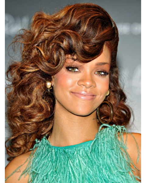 Rihanna Unique and Intriguing Long Voluminous Curly Lace Front Human Hair Wig 18 Inches