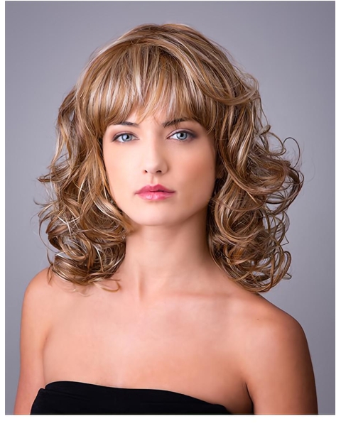 Curly Ombre/2 tone 14" With Bangs Capless Synthetic Long Hair Wigs