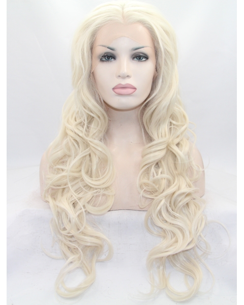 25" Curly Blonde Without Bangs Synthetic Lace Front Long Wigs