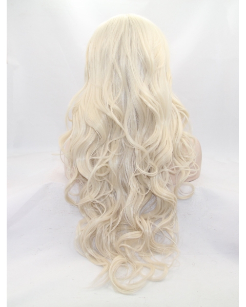 25" Curly Blonde Without Bangs Synthetic Lace Front Long Wigs