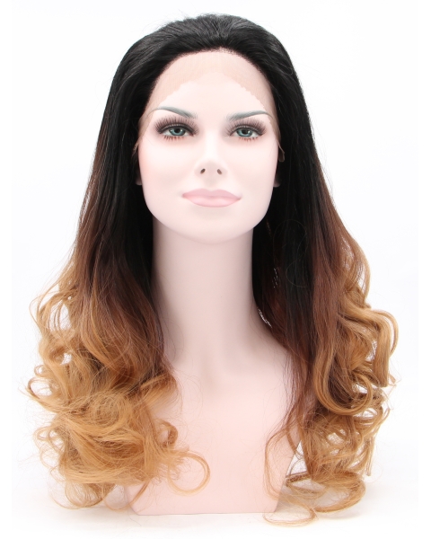 23" Curly Ombre/2 Tone Without Bangs Synthetic Lace Front Long Wigs