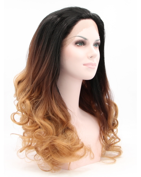 23" Curly Ombre/2 Tone Without Bangs Synthetic Lace Front Long Wigs