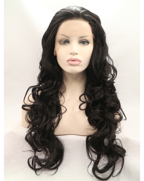 Without Bangs Black 28" Curly Long Lace Front Synthetic Wigs