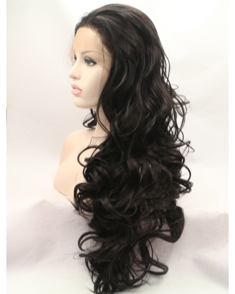 Without Bangs Black 28" Curly Long Lace Front Synthetic Wigs