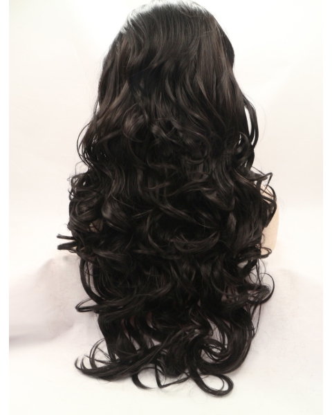 Without Bangs Black 28" Curly Long Lace Front Synthetic Wigs