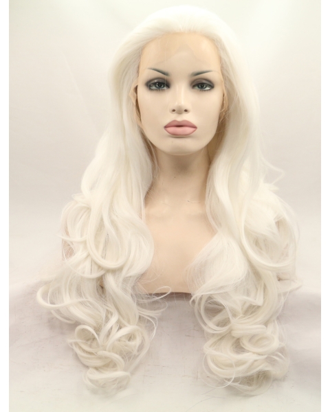 Without Bangs White 27" Curly Long Lace Front Synthetic Wigs